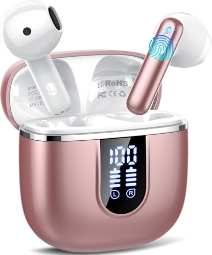 Auriculares Inalambricos Bluetooth 5.4, Auriculares Bluetooth con 4 Mic ENC Reducción de Ruido, 40H Cascos Inalambricos Bluetooth con HiFi Estéreo, Pantalla LED, IP7 Impermeable Audifonos USB C Rosa