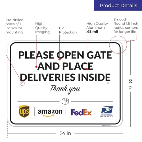 Image of Package Delivery Sign, Delivery Instructions Open Gate and Leave Delivery Inside Sign, 18x24 Inches, Rust Free .063 Aluminum, Fade Resistant, Made in USA by Sigo Signs