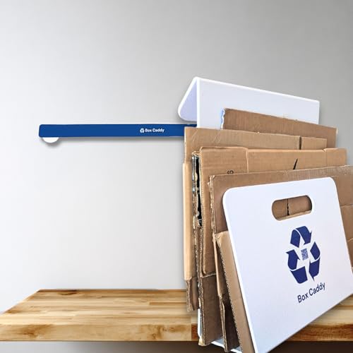 Image of Box Caddy - Cardboard Recycling Organizer. The ultimate solution to store, transport, and recycle your boxes. Eliminates cardboard clutter. (White /Blue with Wall Bar)