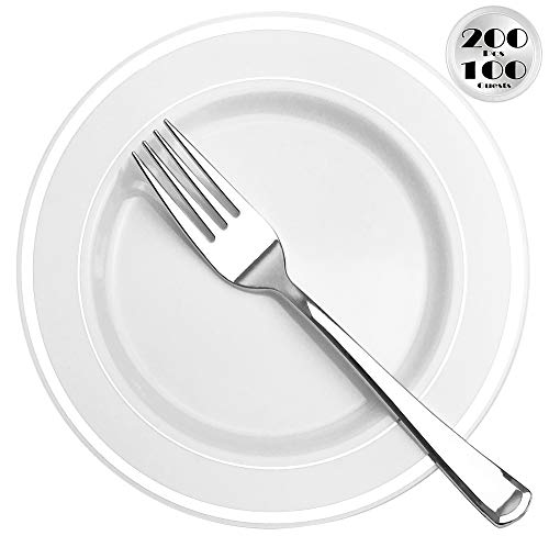JL Prime 200 Pack 100 Silver 7.35” Small Plastic Plates & 100 Forks