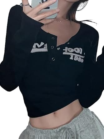 Womens Lace Long Sleeve Top Paneled Henley Shirts Y2k 2000s Fitted Going Out Tops Blouse