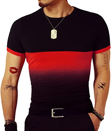 LOGEEYAR Mens Slim Fit T-Shirt Contrast Color Tee Gradient Stitching Short-Sleeve Cotton Tops
