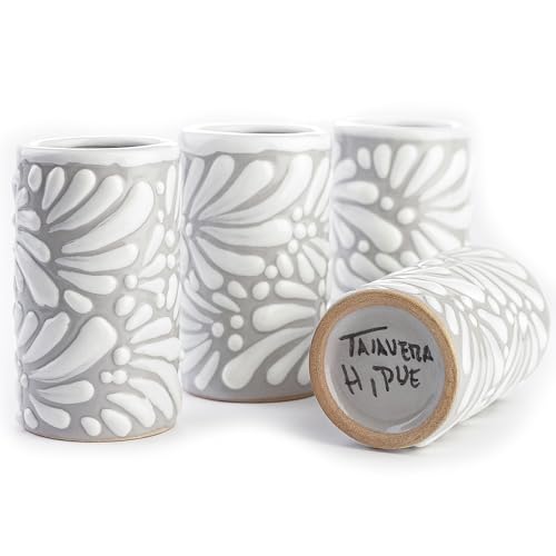 Image of Talavera Shot Glasses Set of 4 Authentic Mexican Tequila Shot Glasses - Hand-painted - 2 Oz (White Brushstroke Gray Background)