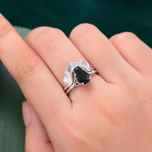 IVANKA Coffin Shaped Black Onyx Engagement Ring Set- Gothic Diamond Ring Set- Three Stone Ring Bat Bridal Set- Anniversary Ring- Handmade Jewelry3