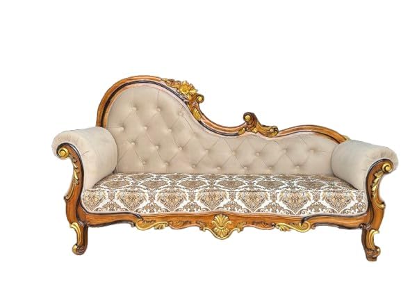 Image of Victorian Style Chaise Lounge, Tufted Cream Upholstery, Mahogany Wood Frame, Classic Living Room Furniture (diwan 3 Set)