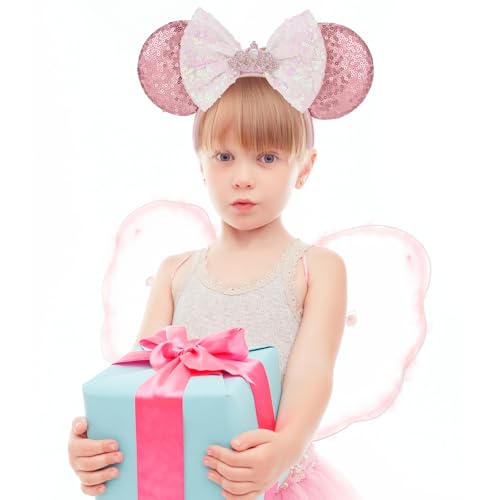 4Pcs Mouse Ears Headband for Women & Girls - Sequin Mouse Ears for Boys & Girls, Glitter Bows Headband for Kids & Adults - Birthday Party & Halloween (Golden, Pink, Purple, White Dot)