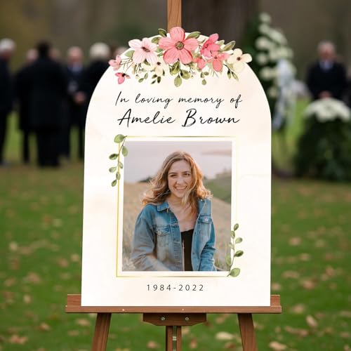 Image of Personalized in Loving Memory Sign for Funeral with Photo - Floral Funeral Welcome Sign - Custom Funeral Sign - Celebration of Life Decorations