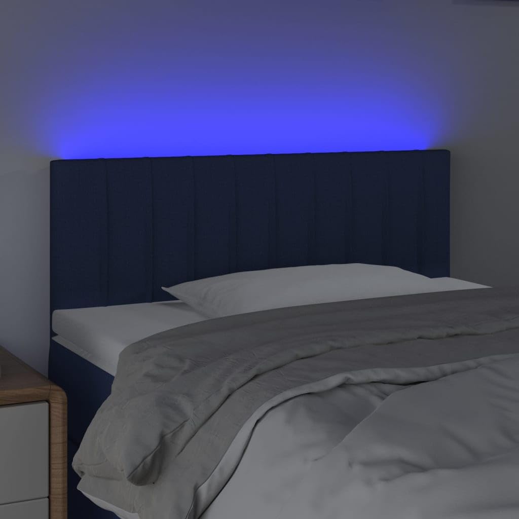 Testiera del letto con LED, tessuto blu, 80x5x78/88 cm, con altezza regolabile e striscia di taglio a LED, fornisce un eccellente supporto per la schiena durante la lettura in camera da letto.