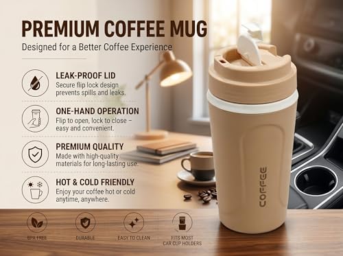 Image of Kitchivo Multipurpose Insulated Travel Mug - 350ml | Double Wall Stainless Steel Flask for Coffee, Tea & Milk | 100% Leak-Proof | Keeps Hot & Cold for Hours | Car Friendly (Coffee)