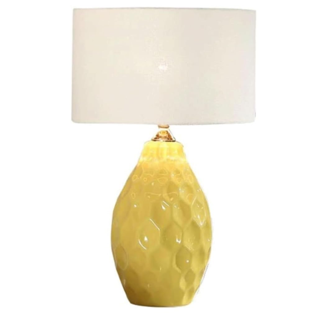 SGKOMN Desk Lamps For Reading American Ceramic Bedside Lamp Fabric Lampshade Nightstand Lamp Modern Desk Light Lamps For Living Room-Yellow-Push Button