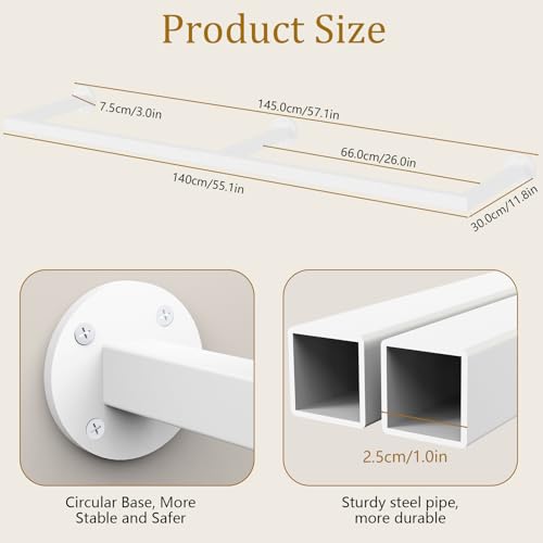 Yawinhe Industrieller Rohr Kleiderständer, 140cm Kleiderstangen Wandmontage, Abnehmbare Platzsparend Wand Kleiderstange, für Schlafzimmer, Weiß, mit 3 Basen, 1-Pack, SYJ140W-1