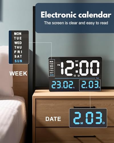 Image of Digital Wall Clock - Large Blue LED Display, Dual Alarms, Auto Brightness, Date, Day & Temperature, Remote Control, Plastic Square Design for Home, Office & Bedroom