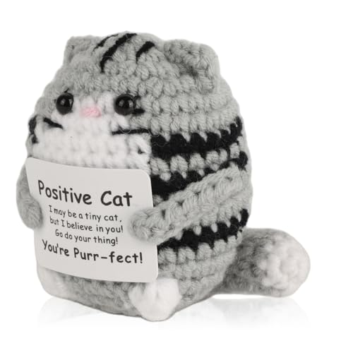 Image of Zibuyu Handmade Crochet Toys with Positive Message Card, Cute Cat Crochet Doll, A Cute and Inspiring Crochet Gifts, Ornament Suitable for Office and Home Use, Gray
