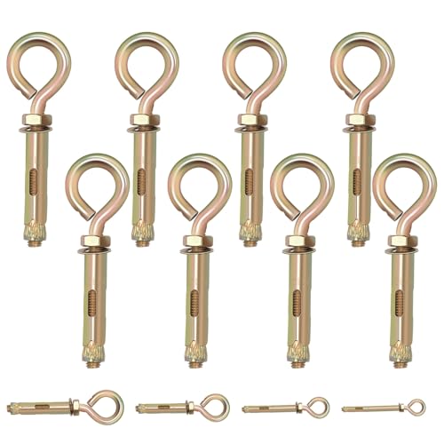 Image of Tanstic 8pcs M12 Heavy Duty Concrete Eye Bolts, Galvanized, Gold, 4.47 inch L x 2.83 inch Thread, 12mm Diameter, Grade 8, For Wall & Ceiling, Brick & Concrete Masonry