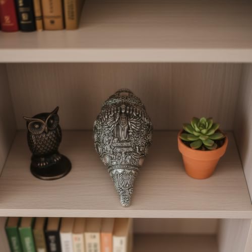 Image of Silver Plated Virat Roop Vishnu Shankh - 8.5 Inches Antique Finish Decorative Conch Shell with Detailed Religious Engravings - Vastu Pooja Item for Home Mandir - Symbol of Wealth and Luck