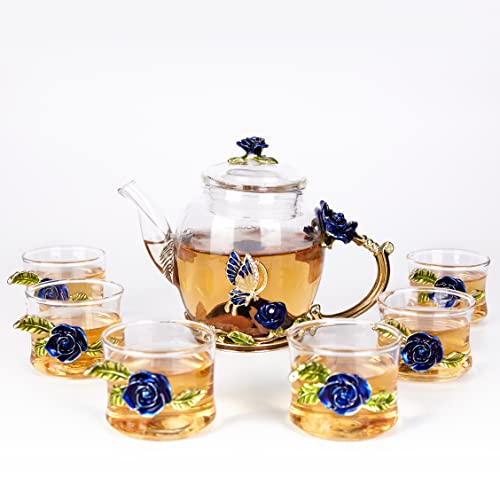 Glass Tea Set, Small Glass Tea Pot(11 Oz) And 6 Fancy Small Glass Tea Cups Set, Butterfly Rose Teapot Set With Teacups For Adults/Child's Tea Party/Afternoon Tea Party/Mother's Day/Holiday Gift #TOP10