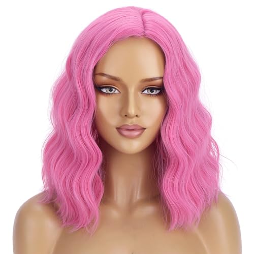Image of BERON Pink Wig for Women Girls Short Curly Bob Wavy Wig Body Wave 14'' Heat Resistant Synthetic Halloween Cosplay Daily Party Wigs