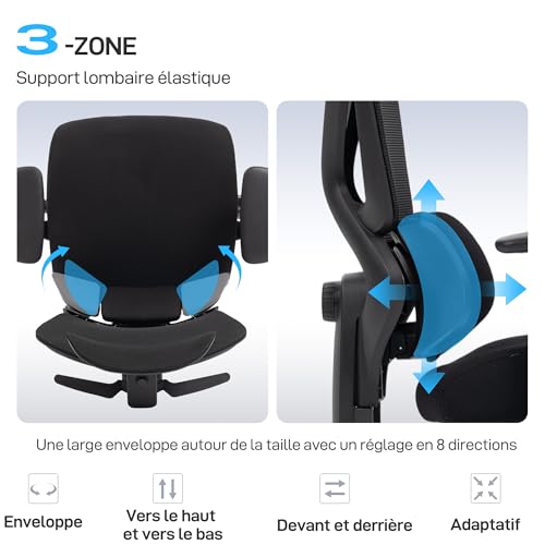 HOMCOM Chaise Bureau Ergonomique, Fauteuil de Bureau avec Soutien Lombaire Dynamique adaptatif, accoudoirs 3D, Dossier inclinable, Hauteur et Appui-tête réglables, Repose-Pieds, pivotant à 360°, Noir – Image 5