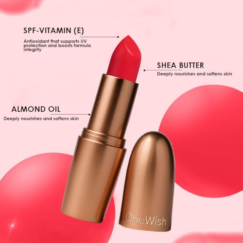 Image of One Wish Creamy Matte Lipstick Long Lasting for Women - Baddie Red Shade 17 | Full Coverage | Creamy Formula | No Flaky Lips | No Dryness| High-Pigment | SPF | Vitamin E, Almond Oil & Shea Butter for Moisturising Lip | 8 Hrs Lasting | Smooth Finish | 3.8 gm