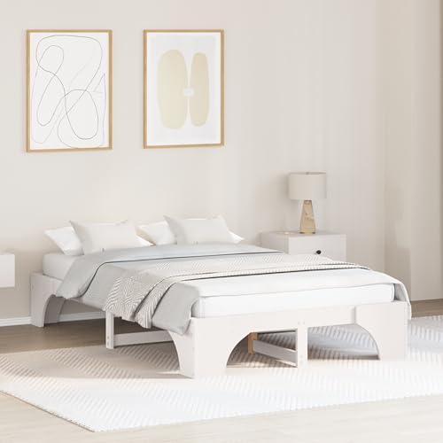 JHQHSM Cadre de lit en bois massif blanc avec surface laquée - 135 x 190 cm - Lit en pin robuste pour adultes - Meuble de chambre élégant avec une grande...