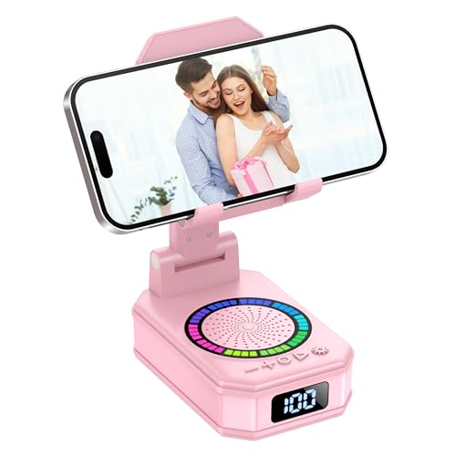Gift for Men Women, Valentines Gifts, Phone Stand with Bluetooth Speaker, Anti-Slip Base, 4-in-1 Design with RGB, Foldable Phone Charger Stand with Wireless Speaker, Tech Gadget for Friends/Parents