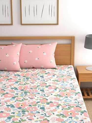 Image of LOOMLYFE 300 Tc Microfiber Soft Cotton Bedsheet For Double Bed, Size 90X100 Inches With 2 Large Size Pillow Covers Without Joint - Pinkflowers