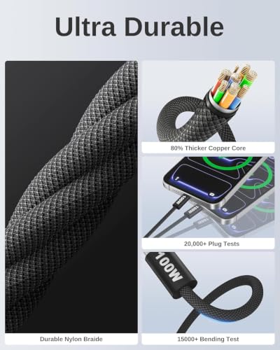 Image of USB C to USB C Cable 10ft 100W PD 5A Fast Charging Cord Aluminum Connector & Nylon Braided Type C Charger Cord for iPhone 17 /16 /15 MacBook Air /Pro iPad Pro Samsung S25 /S24 /S23 Pixel 10(Black)