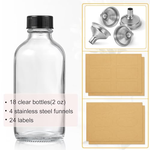 18 Pack, 2 oz Small Clear Glass Bottles w/ Lid & 4 Stainless Steel Funnels - 60ml Boston Sample Bottles - Mini Travel Essential or Decorative Bottles for Potion, Juice, Wellness, Ginger Shots, Whiskey