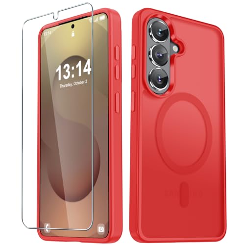 Image of YENAPOON for Samsung Galaxy S26+ Plus Case, Matte Magnetic Phone Cover | Fit for MagSafe, Screen Protector included, Shockproof Military Grade Protection, Translucent Frosted Back, Red