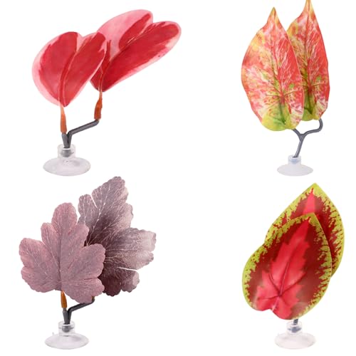 Image of 4pcs Betta Leaf Hammock, 4 Styles Adjustable Plastic Betta Bed Resting Spot Small Fish Tank Decor Decoration Accessories with Suction Cup & Bracket for Aquarium Four-Eyed Silk Fish Guppy to Rest (Red)