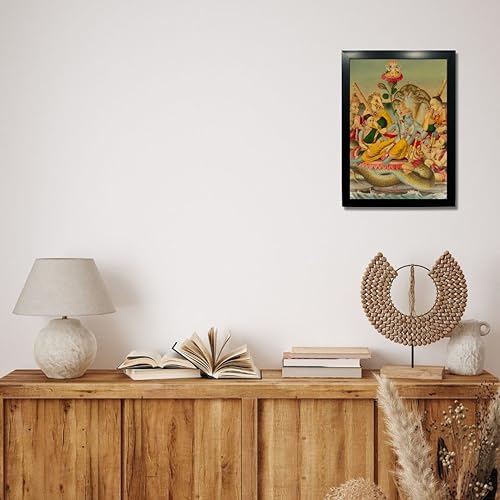 Image of Kagaz Kala - Vintage Art Prints - Hindu God Photos with Frames For Pooja Room Bedroom Living Room Decor Gifts Framed (Shri Vishnu Narayana on Shesha)