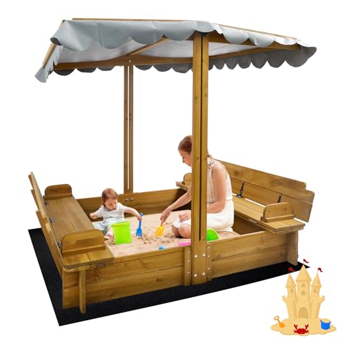 Kids Sandbox with Lid, Wooden Sand Box with Cover Outdoor, UV-Protection & Natural Wood, Foldable Bench Seat, Adjustable Canopy, Sand Box for Kids Ages 2-8?47x47in?