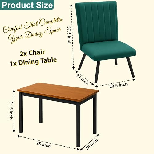 Image of Rosebell Set of 2 Dining Table Chairs with Wooden Top Table, Upholstered Cushioned Chairs, Modern Compact Dining Set for Home, Kitchen & Dining Room (Green)