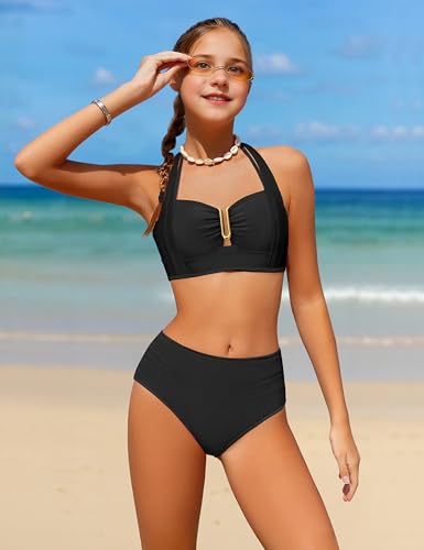 Image of BAVADER Girls Swimsuit 2 Piece Halter Bikini Set V-Neck Cutout Solid Bathing Suit Padded High Waisted Swimwear 9-16Y