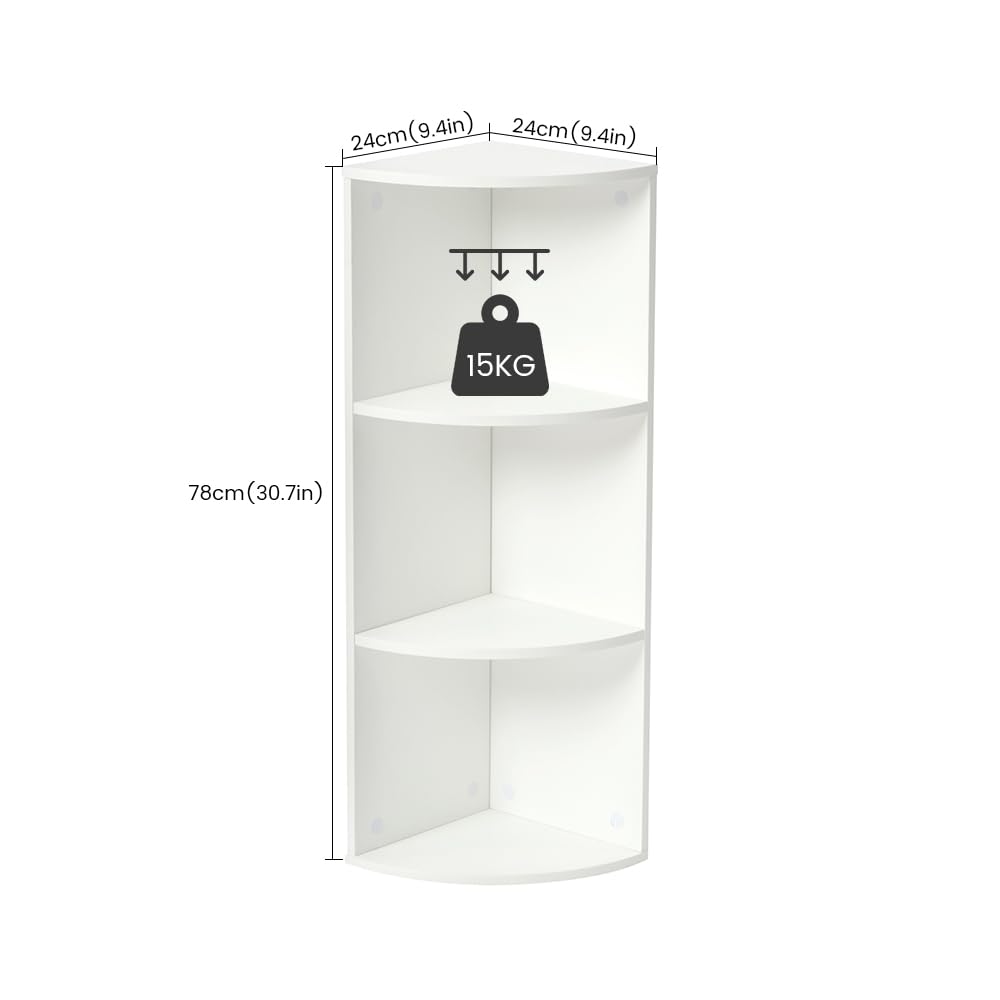 Étagère d'angle à 3 Niveaux, Bibliothèque en Bois, Meuble de Rangement, pour Cuisine, Chambre, Salon, Bureau, Blanc, 24 x 24 x 78 cm | Bibliothèque en bois, meuble de rangement multifonction, blanc, idéal pour cuisine, chambre, salon, bureau