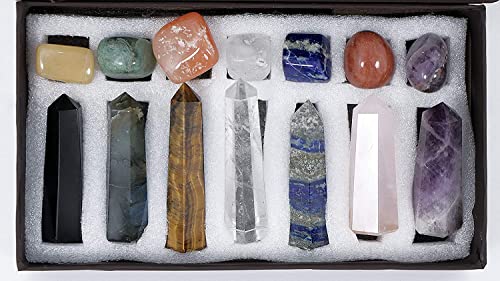 Kuhvai Crystals and Healing Stones, Crystal Wands, Amethyst, Clear, Rose Quartz, Labradorite, Lapis, Black Obsidian, Tiger Eye, 6 Faced Reiki Chakra Stones Wands Set, Tree of Life Pendant, 14 Pcs Set