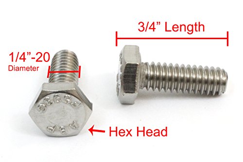 1/4" X 3/4" Stainless Steel Hex Bolts, (100Pcs), 18-8 (304) S/S, By Bolt Dropper. #TOP1