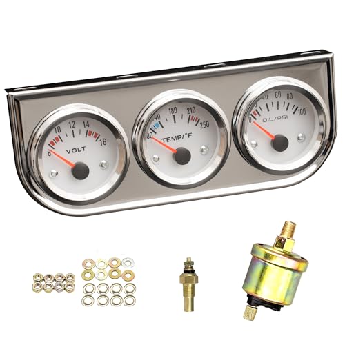 2" 52mm Triple Gauge Set (Oil Pressure + Water Temp + Voltmeter) 3 in 1 Gauge Kit with Chrome Panel Mechanical for 12V Cars Ships Boats Truck Motorcycle