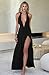 Memoriesea Women's Sexy Halter Deep V Neck High Slit Ruched Party Cocktail Maxi Dress Black