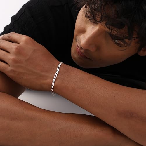 Image of TRUESILVER ACPL Solid 925 Sterling Silver Figaro Link Chain Bracelet | Italian Diamond-Cut 4MM Figaro Chain Bracelet for Women Men (7, 7.5, 8, 8.5, 9 Inches)
