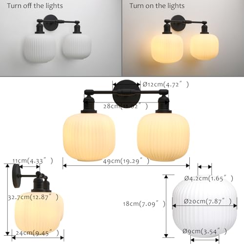 Image of Pathson 2 Lights Milk White Globe Wall Sconce, Hardwired Antique Double Sconce for Living Room Home Decor, Striped Glass Bathroom Vanity Light, E26 Bulb Base