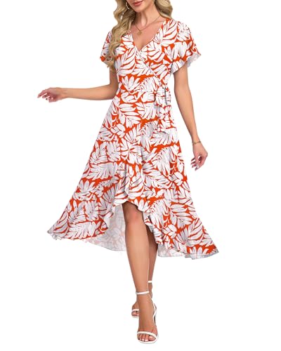 Image of AUSELILY Women Summer Midi Dresses Wrap Short Flutter Sleeve Elegant Dress | High Slit,High-waisted,Ruffled Hem,V-Neck,Fixed-strap Design,Skin-Friendly,Breathability,Wedding Guest Dresses