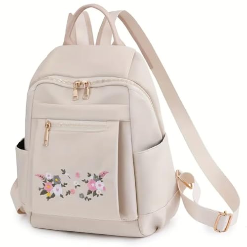 RAYVER CREATION Cream Floral Embroidery Oxford Canvas Faux Leather Backpack for Girls & Women | Handmade College, Office, School Bag| Multipurpose Bag