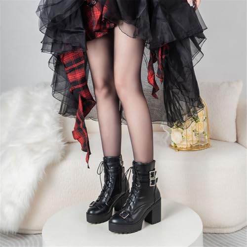 Image of FOREADA Goth Boots Chunky Heel Boot For Women Ankle Combat Booties Black Platform Bootie Buckle Rivets Punk Goth Shoes With Zipper