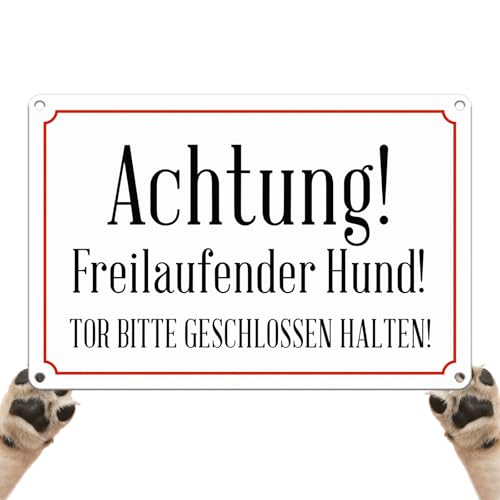 Goodvia Schild für tor Achtung Hund Lustig, Hundeschilder Warnung 30x20cm Metall mit Löchern zur Anbringung an Zäunen, Mauern Weiß x1 Stück
