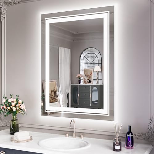 27.6" x 19.7" LED Bathroom Mirror with Lights, Front and Backlit Mirror, Anti-Fog Lighted Vanity Mirror, Stepless Dimmable, 3 Colors LED Mirror (Horizontal/Vertical)