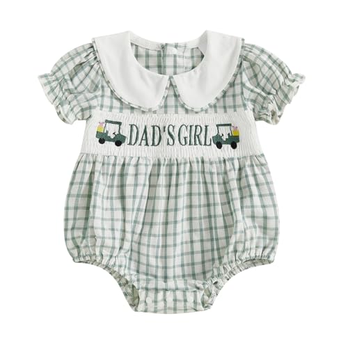 Image of Adobabirl Baby Girl Smocked Bubble Romper Golf Cart Clothes Embroidered Short Sleeve Plaid Bodysuit Fathers Day Outfit