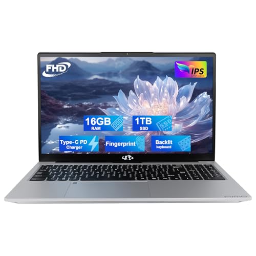 15.6 IPS FHD Student Laptop, 16GB RAM 1TB SSD, Intel Pentium Quad-Core N100 (Beat to i3-1115G4, Up to 3.4GHz), Backlit Keyboard, Fingerprint, 65W Type C, WiFi 6, BT5.2, USB3.0, Win 11