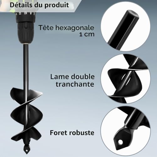 LYFETC Tarière noire 8 x 30 cm pour perceuse – Tarière à double aile pour visseuse sans fil – Foret de jardin pour arbres, arbustes et piquets de jardin (diamètre 8 cm) – vue 4