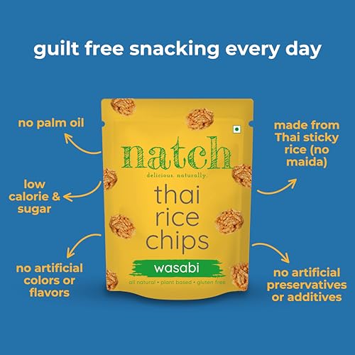 Image of natch Thai Sticky Rice Chips, Healthy Snacks for Adults & Kids 100% Natural,Vegan & Gluten Free,Low Calorie Crackers Crisps,25G each (Pack of 4),Wasabi